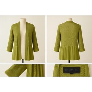 Investments II Open Knit Cardigan‎ Sweater Women's 1X Green Lightweight Duster